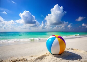 Obraz premium Minimalist Tropical Beach Scene: Colorful Ball & Sandcastle