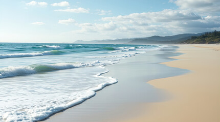 Obraz premium Stunning beach landscape with turquoise ocean waves gently washing pristine sandy shore.