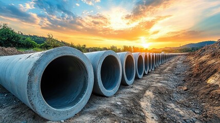 A row of concrete pipes stacked at a large infrastructure project site.