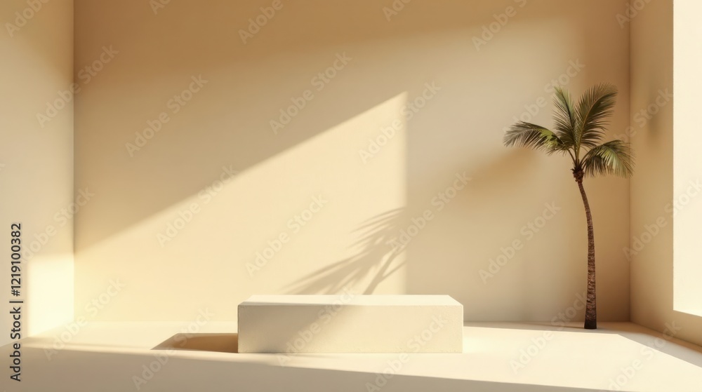 Poster serene minimalist room with display platform and palm tree in warm sunlight