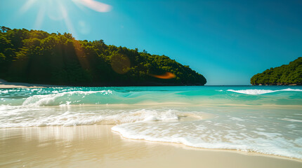 Obraz premium Stunning beach landscape with turquoise ocean waves gently washing pristine sandy shore.
