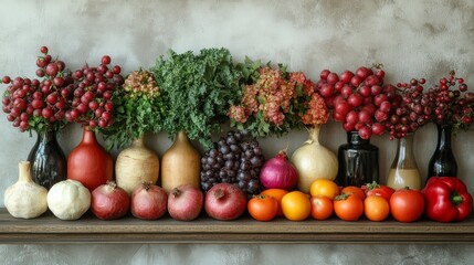 Autumn harvest still life with fruits, vegetables, and flowers in vases on a wooden shelf against a textured wall.