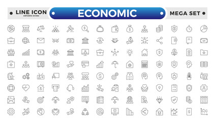 Set of Economic and Insurance line icons. Outline icon collections related to education, insurance, law, government, and more. graphs, charts representing market trends. Editable stroke outline icon. 
