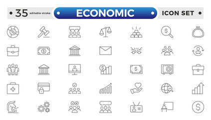 Set of Economic and Insurance line icons. Outline icon collections related to education, insurance, law, government, and more. graphs, charts representing market trends. Editable stroke outline icon. 