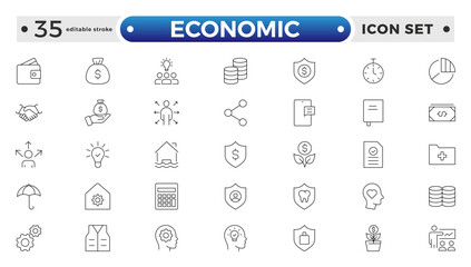 Set of Economic and Insurance line icons. Outline icon collections related to education, insurance, law, government, and more. graphs, charts representing market trends. Editable stroke outline icon. 
