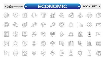 Set of Economic and Insurance line icons. Outline icon collections related to education, insurance, law, government, and more. graphs, charts representing market trends. Editable stroke outline icon. 