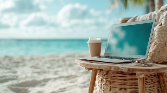 A tranquil scene of a laptop and coffee cup on a sandy beach, symbolizing relaxation and productivity in a peaceful setting that combines work and leisure beautifully.