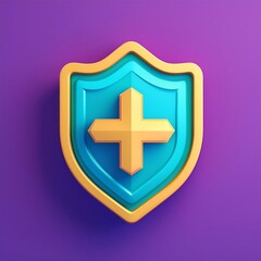 Obraz premium 3d Shield with a cross icon symbol on isolated purple background. Protection of health from diseases. Healthcare security insurance medical concept. 3d Minimal insurance blue shield icon. 3d render.