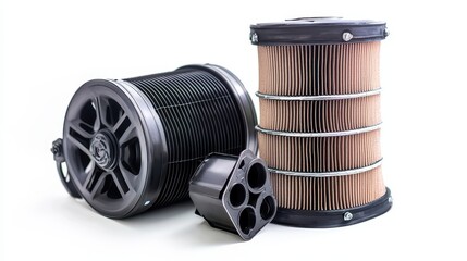 A close-up of a car s air filter and intake system on a white isolated background
