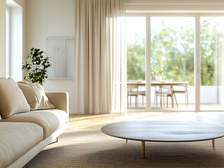 Fototapeta premium Minimalist interior design of a living room with windows visible and sofa and table. Generative AI 