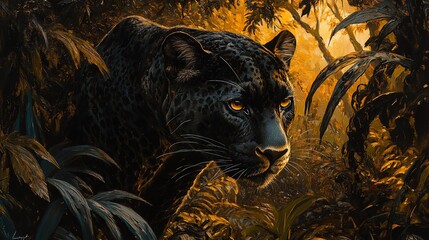 A striking image of a black panther poised gracefully among lush foliage