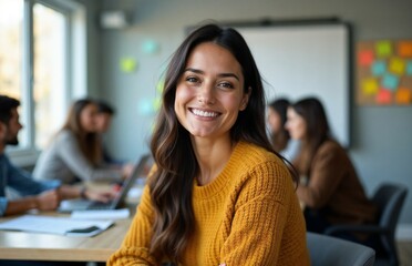 Learn new skills with online courses webinar portrait student classroom office library girl woman laptop computer technology female internet young business lifestyle happy communication