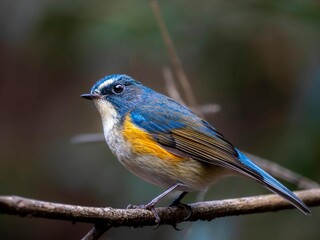森の中で枯れ木に留まって周りを見渡しているルリビタキの雄