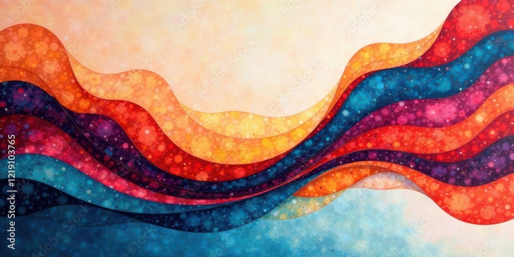 Poster Abstract Colorful Waves of Vibrant Hues and Sparkling Dots, a Dynamic Artistic Representation of Flowing Energy and Serene Movement