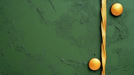 A textured green surface with two prominent golden buttons and a golden ribbon, creating a vibrant...