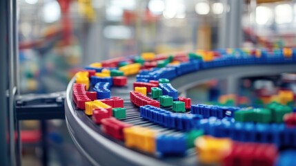 Conveyor belt transporting colorful plastic parts in a manufacturing plant.