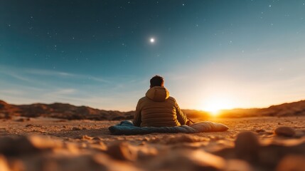 An evocative image of a person enjoying a breathtaking sunrise, wrapping a blanket around themselves, showcasing the beauty and hope that dawn brings.