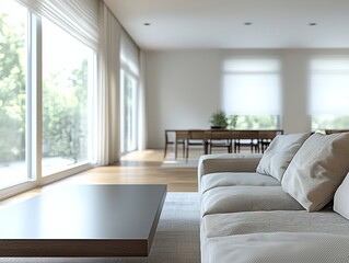 Fototapeta premium A modern minimalist interior in a residential living room with a glimpse of a dining room. Generative AI 
