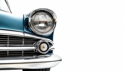 A close-up of a car s headlight and front grille with chrome finish on a white isolated background