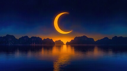 Nighttime Ocean and Mountain Landscape with Crescent Moon in the Sky