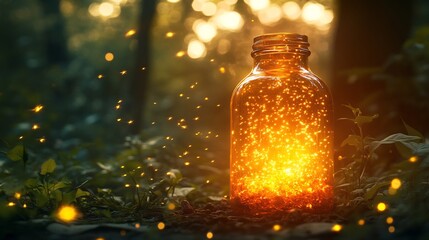 A glowing cluster of fireflies in a bottle with soft golden light