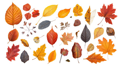 Obraz premium The image showcases a diverse array of autumn leaves, exhibiting a spectrum of colors and shapes against a black background.