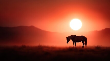 A stunning image of a horse silhouetted against a vibrant sunset, capturing the tranquil beauty of nature and the connection between humans and animals in a serene landscape.