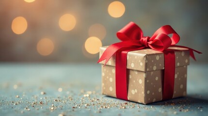 Obraz premium A thoughtfully wrapped gift box, adorned with a vibrant red ribbon, sits elegantly on a subtly shimmering surface, bathed in the soft glow of bokeh lights.