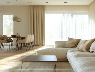 Fototapeta premium A modern minimalist interior design of a house with views of the dining room in the living room with sofa and table. Generative AI 