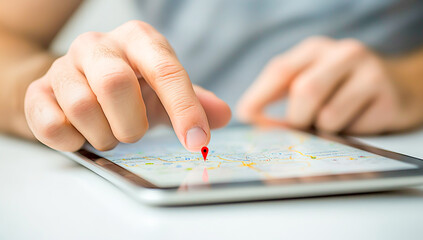 Close-up of a man's hands typing on a tablet with location pins and a map, against a white background.