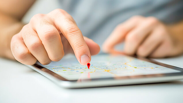 Close-up of a man's hands typing on a tablet with location pins and a map, against a white background.