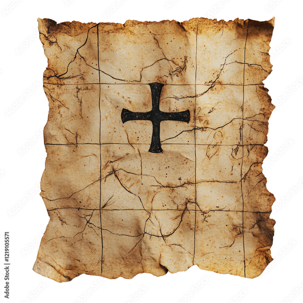 Aufkleber a digitally created image of an aged and torn parchment map featuring a prominent black cross.