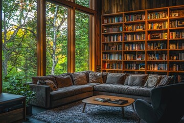 Fototapeta premium Dark living room interior with large sofa, armchair, panoramic window, bookshelves, carpet and concrete floor.