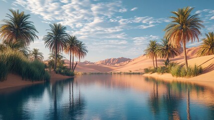 Fototapeta premium A serene oasis landscape featuring palm trees and a tranquil lake set against a backdrop of rolling sand dunes under a blue sky with scattered clouds.