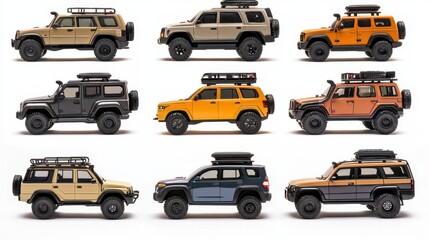 A collection of SUVs with roof racks and off-road tires on a white isolated background