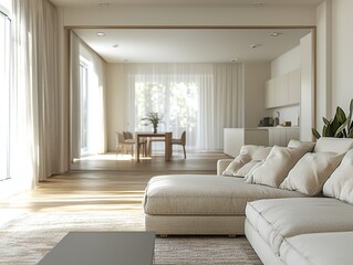 Fototapeta premium A midcentury modern interior design in the living room of a house with minimalist, sofa and table and a dining room view. Generative AI 