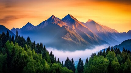 Majestic Mountain Landscape at Sunrise Over Misty Forested Valley