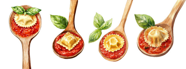 A watercolor illustration showcases four wooden spoons each holding ravioli in tomato sauce and garnished with fresh basil leaves.