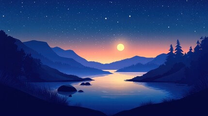 Serene Night Landscape: Mountains, Lake, and Starry Sky