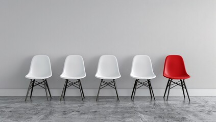 Four white chairs and one red chair sit in a row against a minimalist gray wall. A concept of standing out from the crowd.