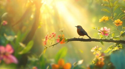 Obraz premium Serene Sunrise: A Bird's Peaceful Perch Amidst Blooming Flowers