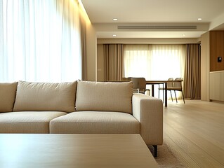 Fototapeta premium A modern minimalist interior design of a residential living room with dining room view and sofa and table. Generative AI 