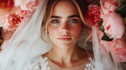 Naklejka premium A serene portrait of a bride surrounded by vibrant flowers, capturing the essence of love, beauty, and joy in an intimate and artistic wedding setting.