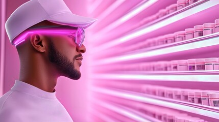 A stylish individual gazes at a futuristic shelf illuminated by vibrant pink lights, creating a striking and modern atmosphere.