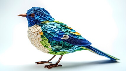 A vibrant digital painting of a small bird with iridescent blue feathers perched on a branch. The artwork captures the beauty and vibrancy of nature.