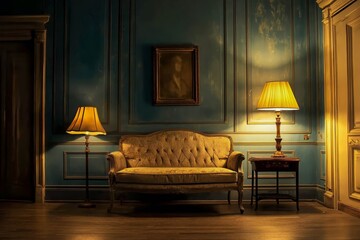 Empty elegant vintage room at night with copy space.