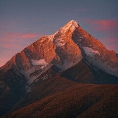 Fototapeta premium A beautiful radiant dusk at a mountain peak, where the sky is painted in soft hues of orange and pink, and the surrounding mountains glow under the fading light.