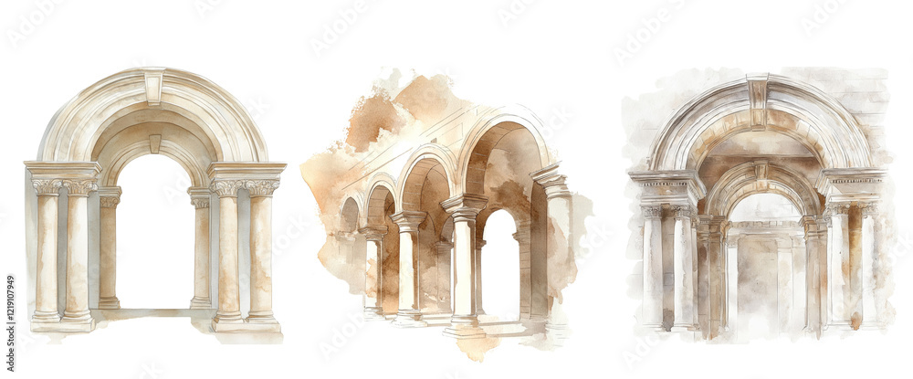 Poster three watercolor paintings depict classical architectural details featuring arches supported by colu