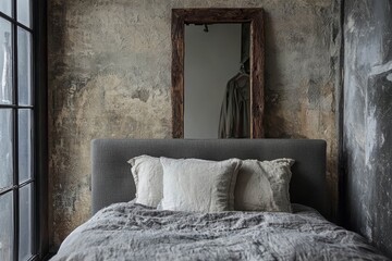 King-size bed with gray square headboard, large rustic wooden mirror and textured wall in trendy minimalist apartment.