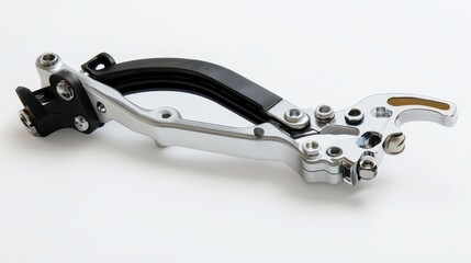A close-up of a motorcycle throttle, clutch, and brake levers on a white isolated background